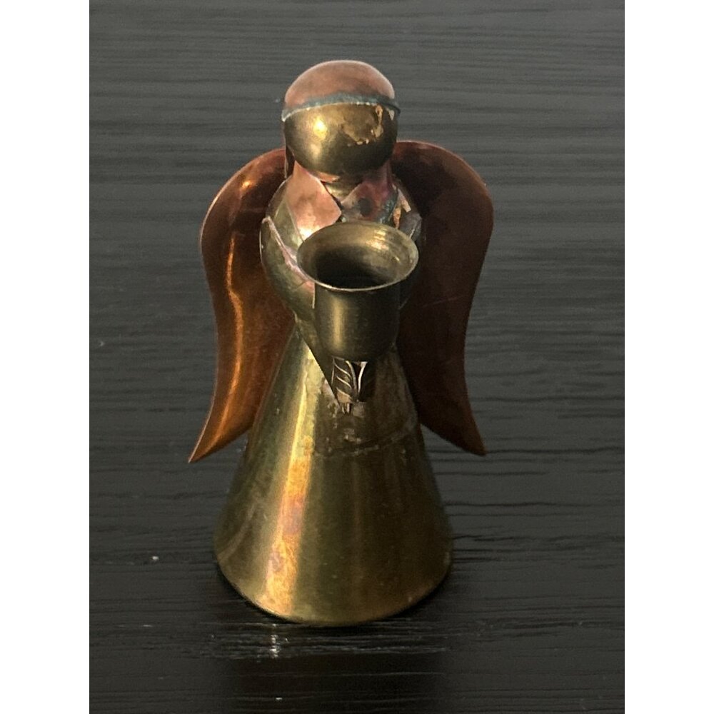 VTG Brass & Copper Angel w/Wings Figurine Thin Taper Candle Holder 4.5" Patina
